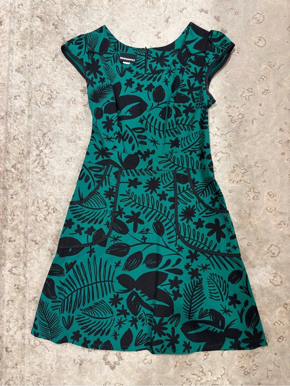 Adorable Green & Black Floral Fit and Flare Dress